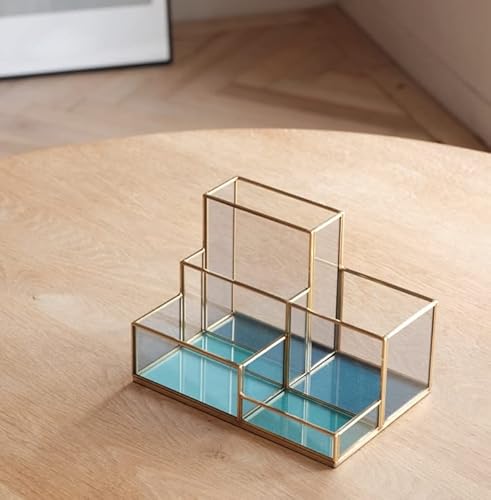 Fondazza Set Of 2 Gold Desk Organizers For Home Office Supplies, Gold Brass And Blue Glass, 1 Each Of Rectangle And Triangle Organizer, Storage For Stationery, Cosmetic, Makeup Tools And Brush. #TOP4