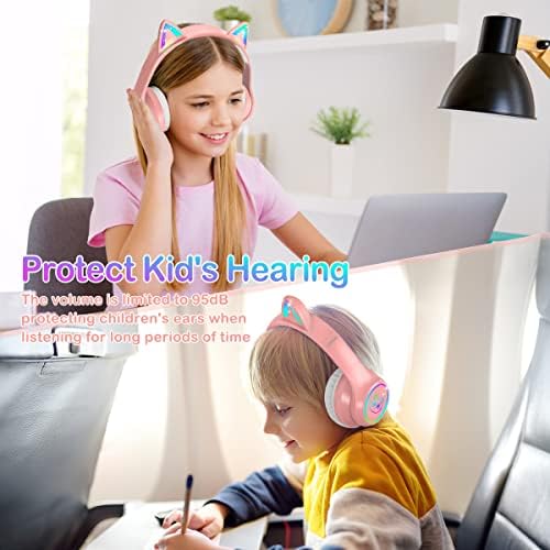 LOBKIN Bluetooth 5.1 Kids Headphones with Case - RGB LED Light Up Cat Ears Foldable Adjustable On-Ear Headset Support Wireless or 3.5mm Wired Mode for Toddler & Girls & Boys Teens - Pink