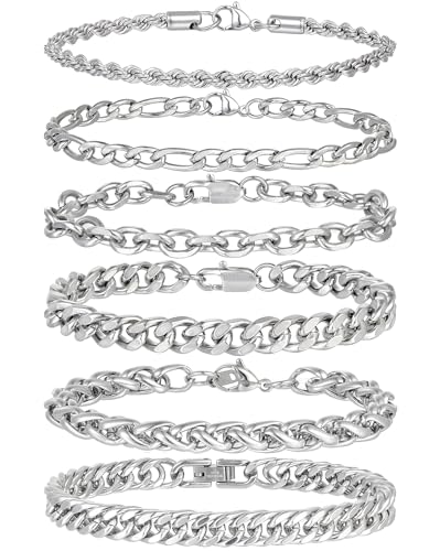 Akeoqi 6Pcs Chains Bracelets for Men Women 8mm Stainless Steel Cuban Figaro Twist Rope Paperclip Keel Link Chain Bracelet Sets Jewelry Gifts for Dad Boyfriend Husband 7.5/8.3/9 Inches Silver Tone
