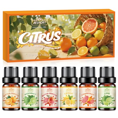 AESHORY Zitrus Ätherische Öle Set für Diffuser 6 x 10ML, Naturrein Zitrusöl Aromatherapie Duftöl, Aroma Öl Geschenkset für SPA - Bitterorange, Bergamotte, Grapefruit, Zitrone, Blutorange, Limette