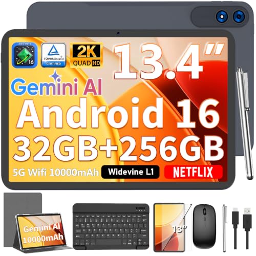 Image of 13 inch Tablet with Keyboard - 2026 Gemini AI Android 16 Tablet,Silver Case