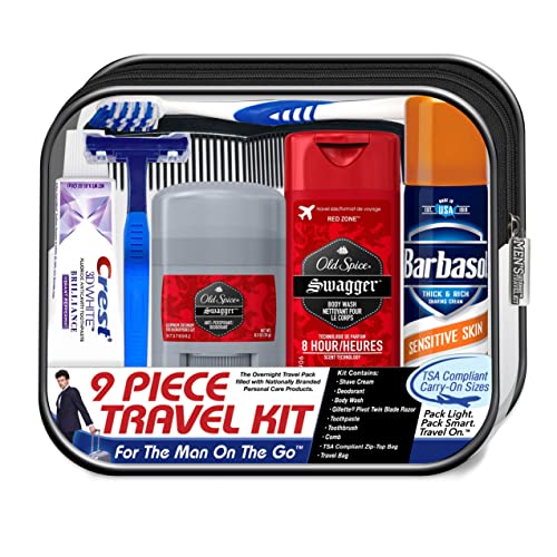 Convenience Kits International Men’s Deluxe, 9-Piece Kit with Travel Size TSA Compliant Essentials , Featuring: Old Spice Products in Reuseable Toiletry Bag