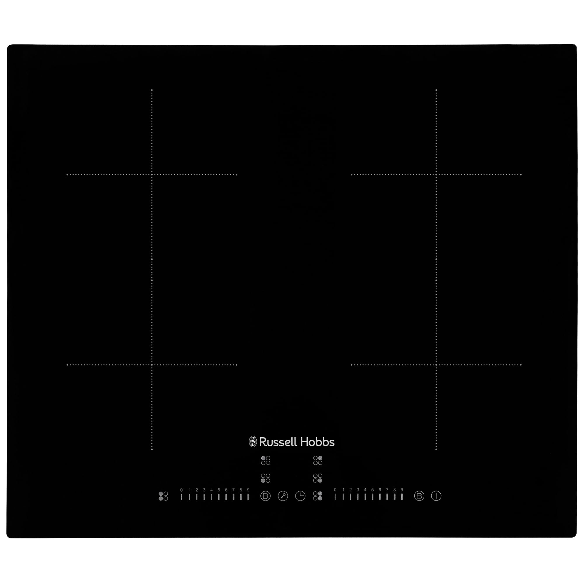 Russell Hobbs, Placa de inducción negra de 60 cm con doble puente flexible, control táctil multideslizante, temporizador de 99 minutos, ajustes de potencia de 9 etapas, función de impulso, sensor
