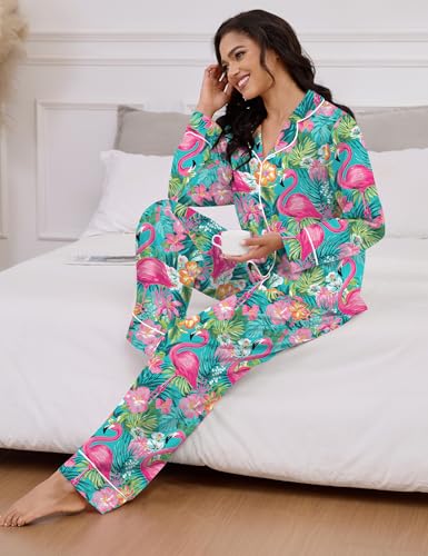 Image of SHESHOW Satin Pajamas Set for Women Set Long Sleeve Button Down Pjs Sets 2 Piece Loungewear Animal Sleepwear XS-XXL