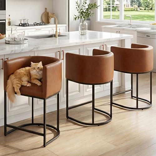 Image of HNY Modern Barrel Counter Height Bar Stools Set of 3, 24 Inch Kitchen Bar Stools with Back, PU Leather Barstools Bar Height for Island with Black Metal Tubular Frame, Brown
