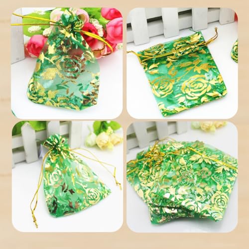 Image of QIANHAILIZZ 100 pcs 3.5 x 4.7 Inch Flower Heart Organza Jewelry Gift Pouch Candy Pouch Drawstring Wedding Favor Bags X92 (green gold flower)