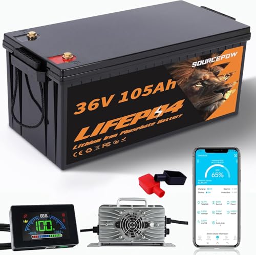 36V Lithium Golf Cart Battery, 36 Volt 105Ah LiFePO4 Battery with a 200A Smart BMS, LCD Display & APP Monitor, 25A Fast Charger, Max 7.68kW Power Output, Perfect for Golf Carts