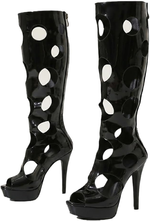 Feinlina Women's Black Patent Cutout Knee High Platform Stiletto Heel Boots, Black, 6.5 | Round Hollow Out, Back Zipper, Peep Toe, Sexy Heel Boots, Nightclub Party Wear