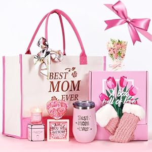 Best Mom Ever Gifts,Unique Birthday Gifts for Mom,Best Present with Tote Bag,Tumbler,Scented Candle,Rose,Fuzzy Socks,Bracelet,Greeting Card