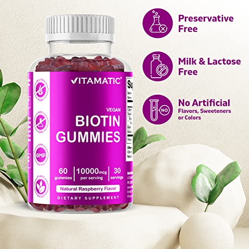 Vitamatic Biotin Gummies 10,000 mcg for Stronger Hair, Skin & Nails - 60 Vegan Gummies - Also Called Vitamin B7 (3 Bottles) - Image 5