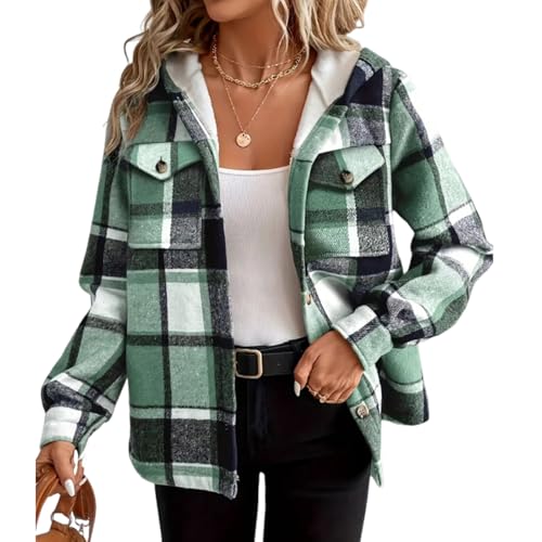 Generisch Wintermantel Damen Warm Gefüttert Kariert Winterjacke Damen Langarm Oversize Fleecejacke Mit Kapuze Fleece Damen-Jacken Winter Dicke Übergangsjacke Elegant Leicht Mantel Mit Knöpfen