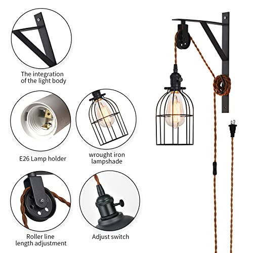 Image of Plug in Pendant Light, Farmhouse Pulley Wall Lamp with 7-Foot Brown Plug in Cord & Switch, Industrial Hanging Lamps that Plug into Wall Outlet