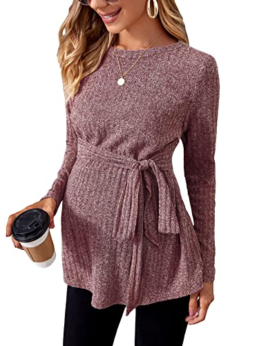 Image of MakeMeChic Women's Maternity Shirts Casual Long Sleeve Tie Front Ribbed Knit Pregnancy Tee Top