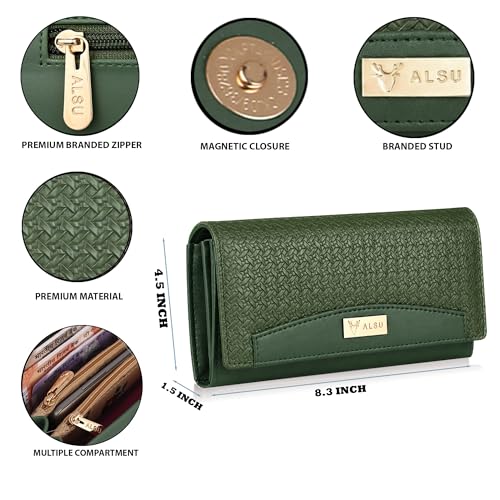 Image of ALSU Premium Vegan Leather Women's Wallet Black | Elegant Clutch Purse with 6 Card Slots, 3 Main Compartments & Phone Pocket | Designer Wallet for Everyday Use (Green)