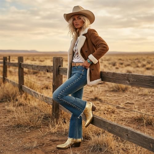 Image of HOCHFART Western Boots for Women Metallic Embroidered Pointed Toe Cowgirl Boots Chunky Heel Pull-On Short Cowboy Boots Wide Calf Country Ankle Boots
