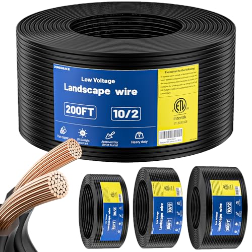 ZONEGRACE 10 Gauge Landscape Lighting Wire 10/2 Low Voltage Landscape Wire 10 AWG Pure Copper Direct Burial Outdoor Cable 2 Conductor Stranded Copper Wire ETL Listed 200 FT for 12V/24V