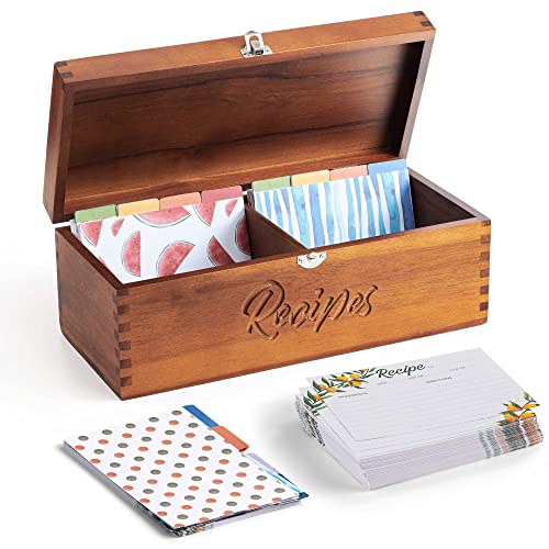 Tidita Acacia Wood Large Recipe Box with 100 Cards 4x6, 8 Dividers - Wooden Recipe Box Set Double Compartment Organizer Keeper with Thick Card Stock - Cards Holder Stand Recipes for Kitchen Counter