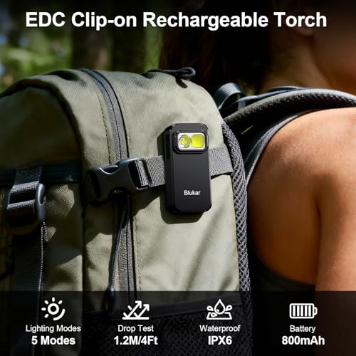 Blukar Taschenlampe LED Aufladbar, 800L Mini Clip LED Torch mit 5 Lichtmodi – Ansicht 2