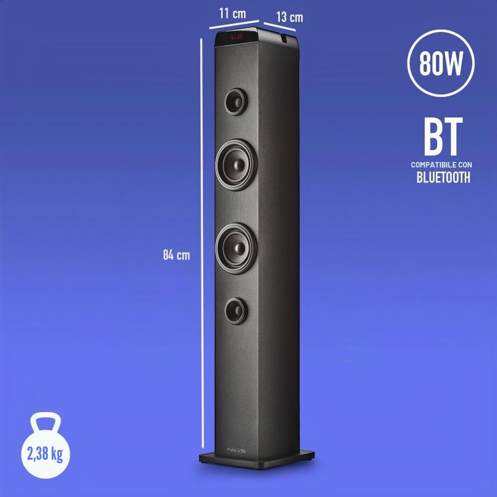 NGS Sky Charm Pro - Torre audio 50 W con Bluetooth 5.4, ottica, USB, AUX-IN, Radio FM, Funzione di trasmissione, Ingresso microfono karaoke, telecomando, nero