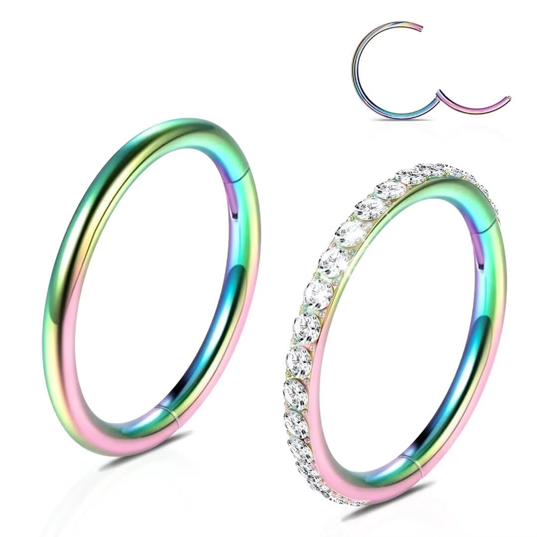 20G 18G 16G 14G Hinged Nose Rings Hoops: 2 Pcs Surgical Steel Seamless Twisted CZ Nose Rings Clicker for Septum Lip Piercing Cartilage Helix Tragus