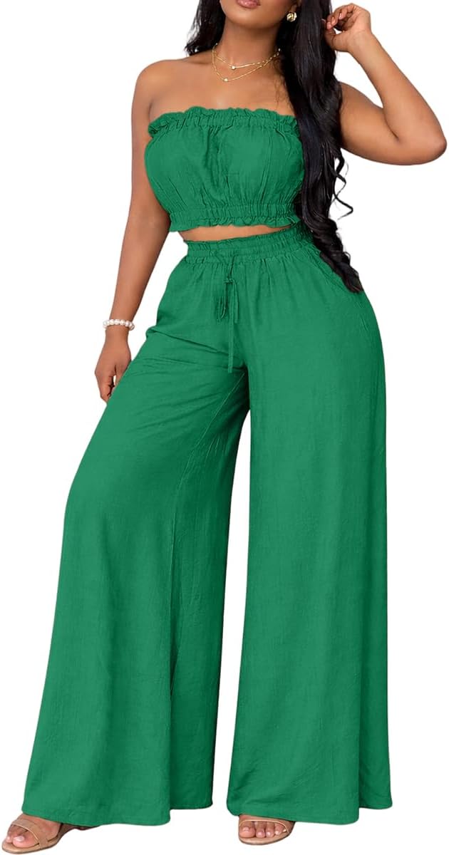 Two Piece Sets for Women Going Out Off Shoulder Crop Tube Tops Wide Leg Pants Set Vacation Date Night Birthday Outfits