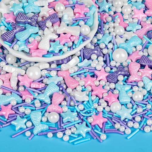 Image of Edible Mermaid Sprinkles,130g /4.58oz,Sugar Pearl Stars Jimmies Mix,Pearl Candy Ocean Sprinkles,Summer Baking Cake Fun Decorations,Perfect for Ice Cream,Cookies,Dessert,Cupcake Topper,Birthday Children's Anime Theme Party Supplies