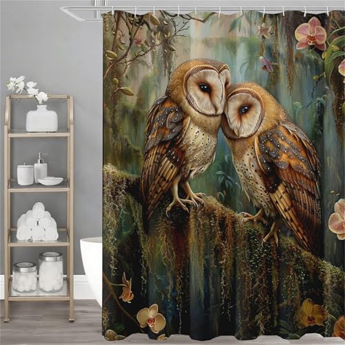 Duschvorhang 150x180 cm, Blume Duschvorhang Eule Muster mit 12 Plastik Haken, Wasserdicht Shower Curtains, Beschwerter Saum, Waschbar Polyester Stoff Badevorhänge mit Ösen für Badezimmer Deko,Model67