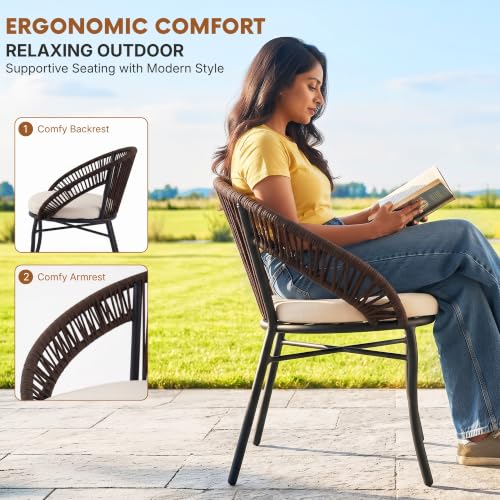 Image of DEVOKO Bliss 3 Piece Outdoor Patio Rope Conversation Set with Glass Top Table (Dark Brown /Cream), Powder-Coated Metal Frame & Water-Resistant Cushions for Balcony, Garden, Terrace