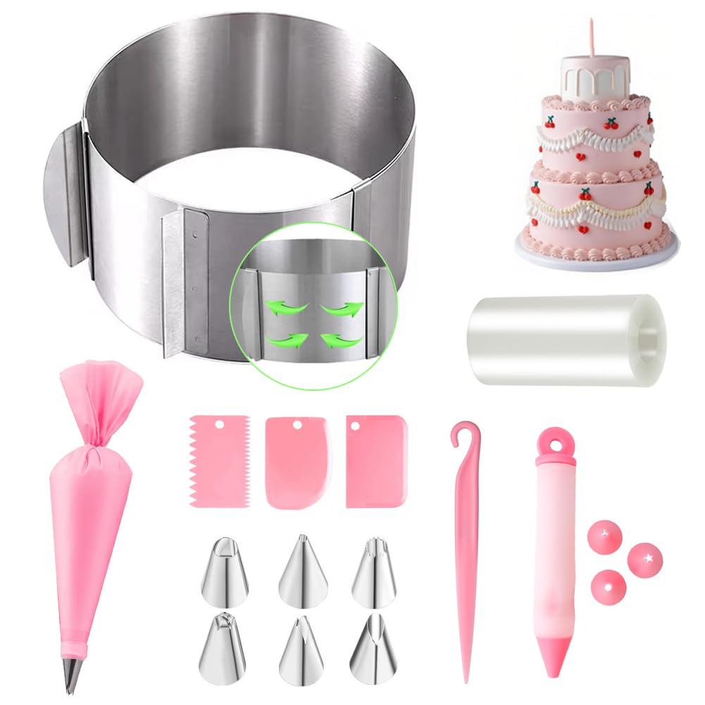 Adjustable Cake Ring, High 15cm, Cake Mould with Decorating Kit & Cake Collar