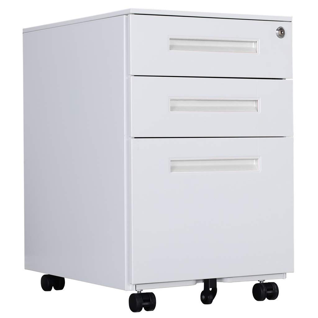Aktenschränke, Büro-Rollcontainer,Rollcontainer, inkl. 3 Schübe Bürocontainer mit Anti-umkippen-mechanismus für A4, Mobilen, Abschließbar ; 39cm B x 50cm L x 60cm H, JLB021-W