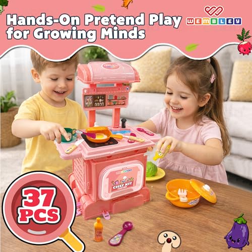Image of Wembley 2-in-1 Kids Kitchen Set | Cooking Pretend Play Toy with 37 Pieces | Portable School Bag Style Kitchen Playset for Girls & Boys Age 2-7 | Role Play Cooking Game | Birthday Gift for Kids