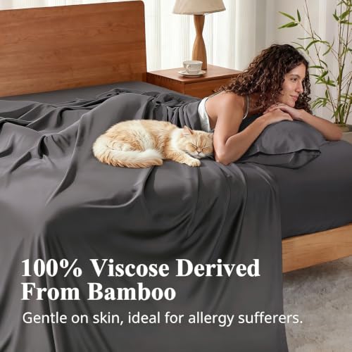 Image of Twin Size Sheet Set, Viscose Bamboo Sheets for Bed Set 3pcs, 100% Viscose Derived from Bamboo, Hotel Luxury Silky & Cooling for Hot Sleepers, Deep Pocket Up to 17 inch, Grey