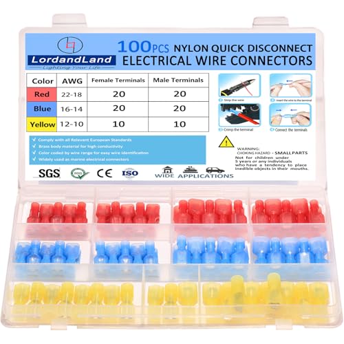 100PCS Nylon Spade Quick Disconnect Connectors Kit 22-10 AWG Male and Female Electrical Wire Connectors Kit Electrical Insulated Wire Crimp Cold-Pressed Terminals for Automotive,Electronics