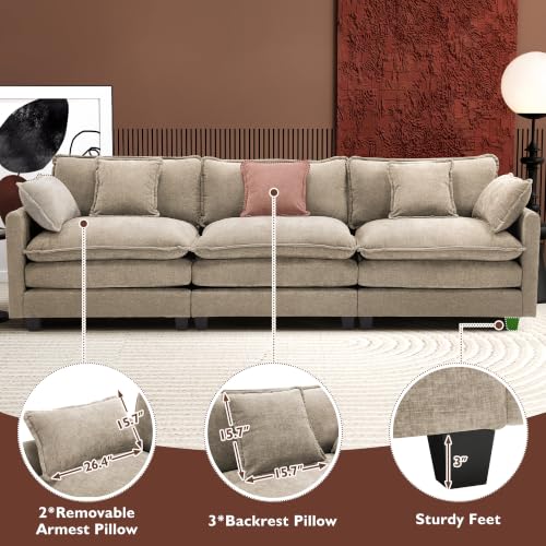 Image of Ihanherry 111.4 Inch 3-Seater Cloud Sofa, Modular Sectional Couch, Modern Deep Seat Sofa for Living Room, Comfy Double Layer Upholstered Seat Cushion, Breathable Chenille Fabric,Sand