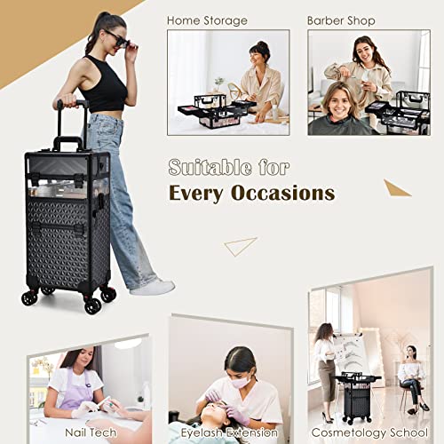 Yueieoun Professional Rolling Makeup Case, 3 in 1 Train Case on Wheels Large Makeup Trolley Salon Barber Traveling Trunk Suitcase for Cosmetology School Nail Tech Hairstylist MUA, Acrylic Black - Thumbnail 3