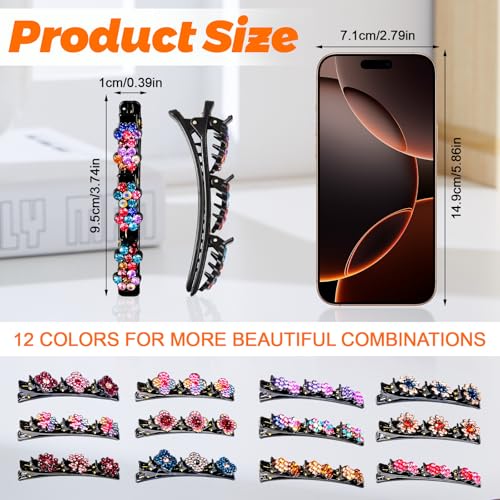 12PCS Pinzas para el cabello trenzadas con piedras de cristal brillantes para mujeres y niñas, pinzas para el cabello con diamantes de imitación, pinzas tipo pico de pato para cabello grueso y fino, accesorios para peinados miniatura 2