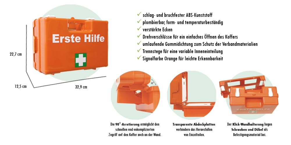 Erste-Hilfe-Koffer M5 PLUS für Betriebe nach aktueller DIN/EN 13157 & DIN/EN 13164 für KFZ - Komplett-Paket inkl. Notfallbeatmungshilfe + Hygiene-Gel + Verbandbuch + Aushang + Sprühpflaster
