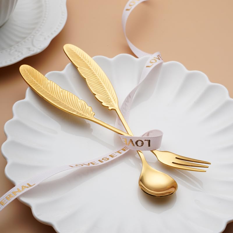 sdneNest Juego de cubiertos de 10/40/60/80/100/120 piezas de cucharas y tenedores de plumas de acero inoxidable 304, regalo creativo, cuchara pequeña, cuchara de café, cuchara de postre y arco iris