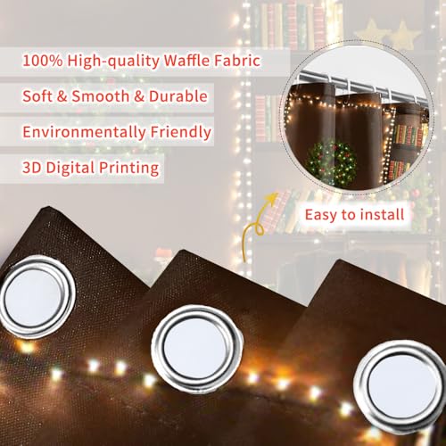 SDOTPMT 180x243cm Merry Christmas Shower Curtain Christmas Tree Fireplace Gift Bath Curtain Vintage Book Shelf Winter Holiday Pine Tree Leaf Curtain for Kids Bathroom Fabric Polyester with Hooks - Image 4