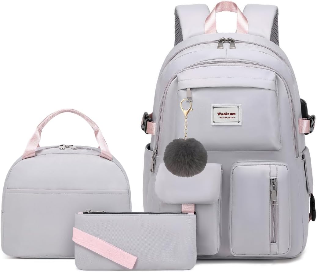 Fashion School Backpack Set for Girl Roomy Women Laptop Backpack Grey