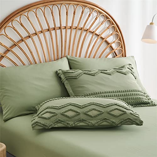 Parure de lit microfibre douce KAKIJUMN anti-pli lit 7 pièces sauge - 7