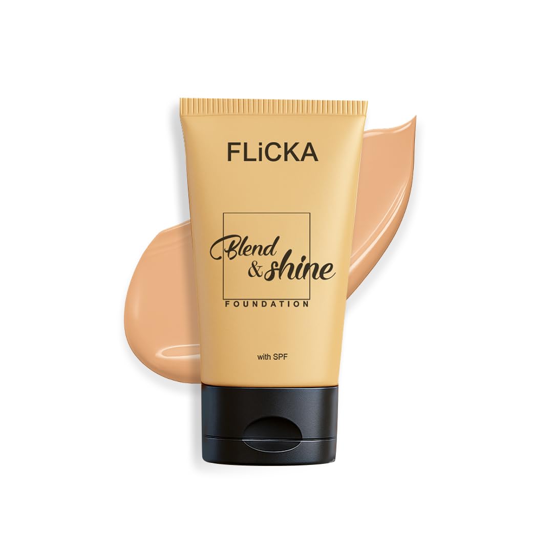 FLiCKA Blend and Shine Liquid Foundation for Face Makeup 30ml | Medium to High Coverage | Vitamin E, Avocado Oil & SPF | Moisturizing, Lightweight, Waterproof | All Skin Types | 02 Beige