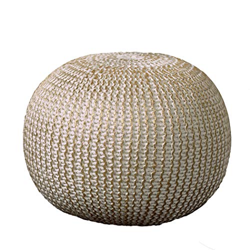 L.R. Resources Fairbanks Bone Knitted Pouf Ottoman, 1'4 x 1'8, Ivory/Gold -