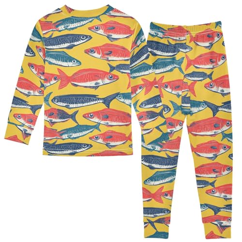 Pajama Sets Long Sleeve Fish Pattern on Yellow Soft Comfy Sleepwear 2 Piece PJS 3-8T3