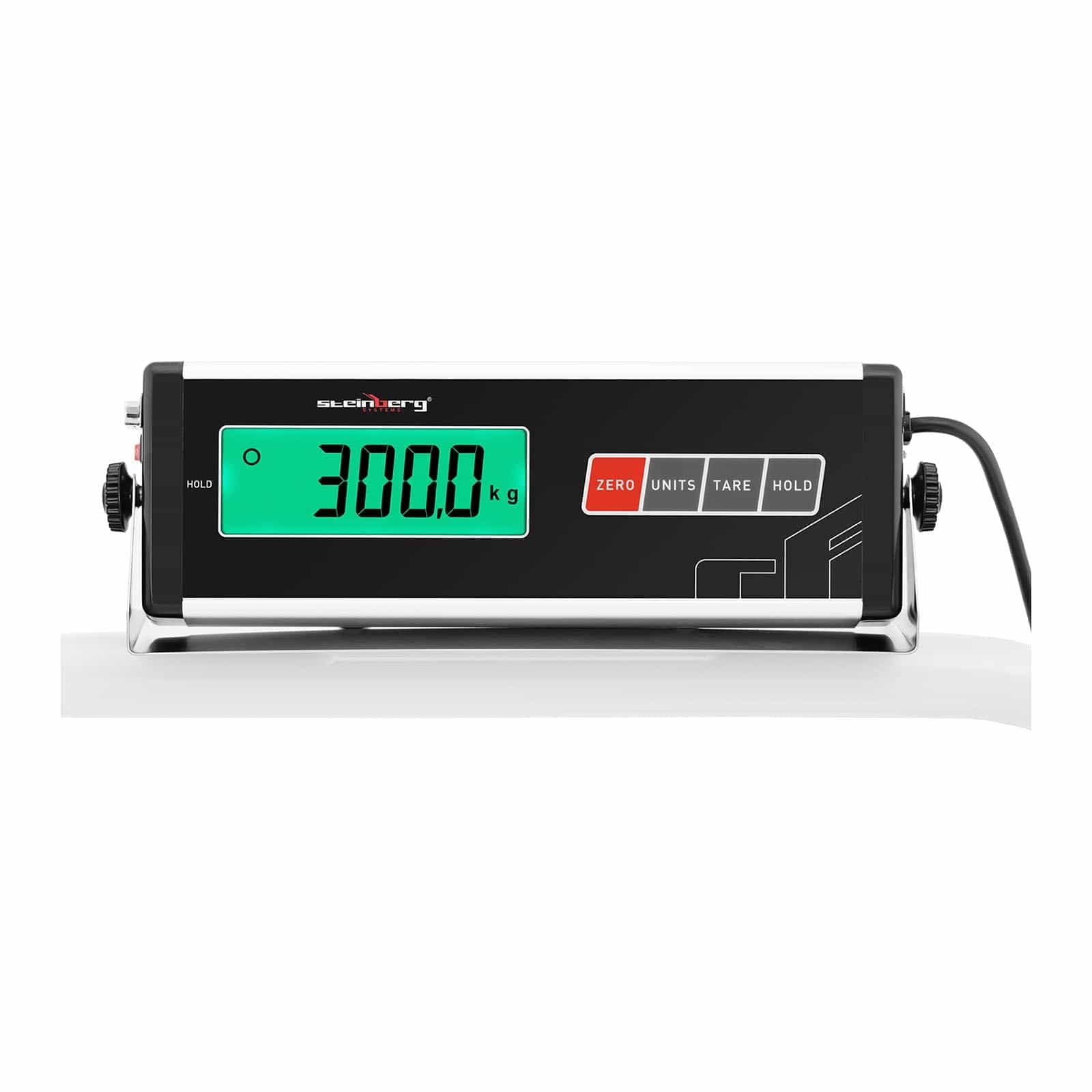 Steinberg Systems SBS Bodenwaage 300 kg / 100 g 100 x 95 cm Aluminium-Wiegefläche LCD mit Hintergrundbeleuchtung angeschrägte Seiten Tarieren, Halten, Nullsetzen Einheitenwechsel RS232 Durchfahrwaage