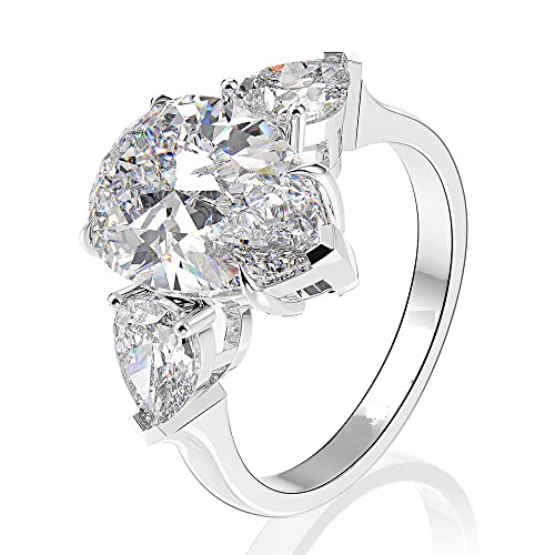 Shining Classic Plated Silver Pear Cut Teardrop Halo Cubic Zirconia CZ Statement 3-Stone Eternity Wedding Engagement Ring for Women (US size 7)