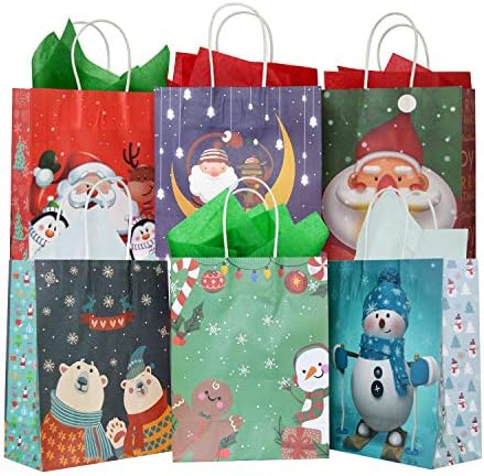 24 pcs Christmas Kraft Gift Bags with 24 Tissue Papers, Holiday Paper Gift Bags,Party Favors Goody Bags, Xmas Presents, Classrooms and Wrapping Stocking Stuffers (Merry Christmas A)