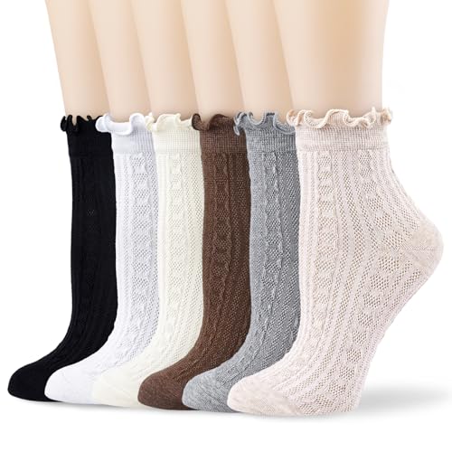 Image of Mcool Mary Womens Crew Socks Ruffle Casual Cotton Frilly Breathable Cute Knit Lettuce Trim Dress Ankle Socks 6 Pack