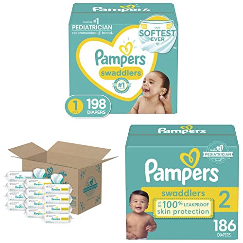 Pampers Baby Diapers and Wipes Starter Kit, Swaddlers Disposable Baby Diapers Sizes 1 (198 Count) & (186 Count) with Sensitive Water-Based Baby Wipes, 12 Pop-Top and Refill Combo Packs, 864 Count On Sale At Amazon.com