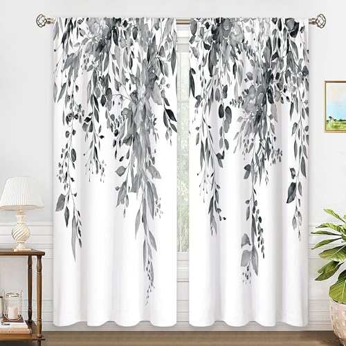 oolygoo Grey Eucalyptus Botanical Leaves Floral Window Curtains Watercolor Black White Flower Plant Wildflower Farmhouse Curtain Drapes Herb Curtains for Bedroom Living Room Treatment 52Wx84H Inch